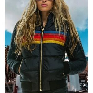 Stylish Black Puffer Jacket with Colorful Stripes